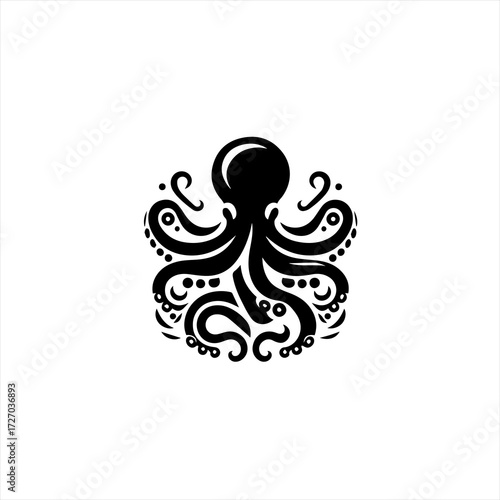 Stylized black octopus silhouette with ornate tentacles on white background