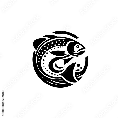 Stylized black fish silhouette in circular design