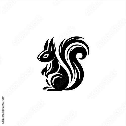 Stylized black squirrel silhouette with bushy tail on white background