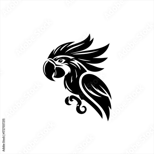 Stylized black silhouette of a cockatoo parrot on white background