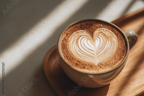 A cup of hot coffee latte art with heart sign foam on table background. Creative layout and concept of coffee shop branding and business