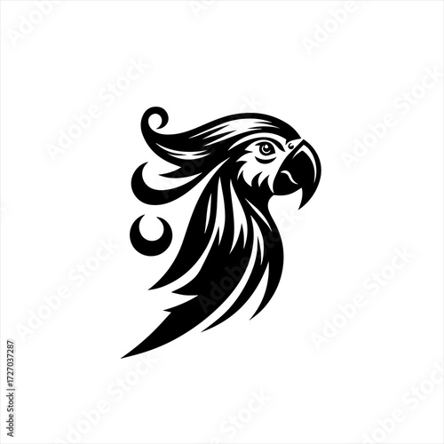 Stylized black parrot head with tribal elements