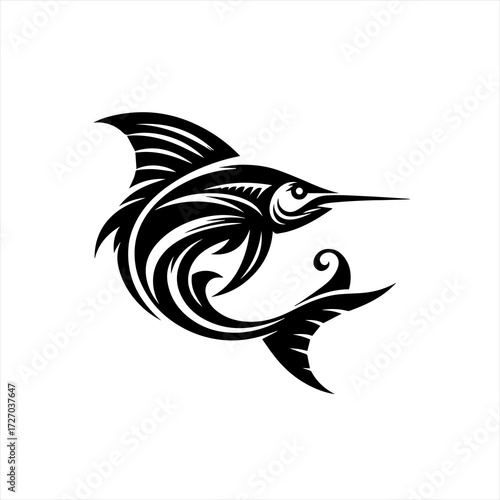 Stylized black marlin fish silhouette with tribal design elements