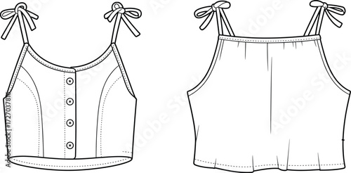 Sleeveless bow strap crop top fashion illustration, technical flat sketch, button down blouse design, apparel template front back, cad drawing flat vector
