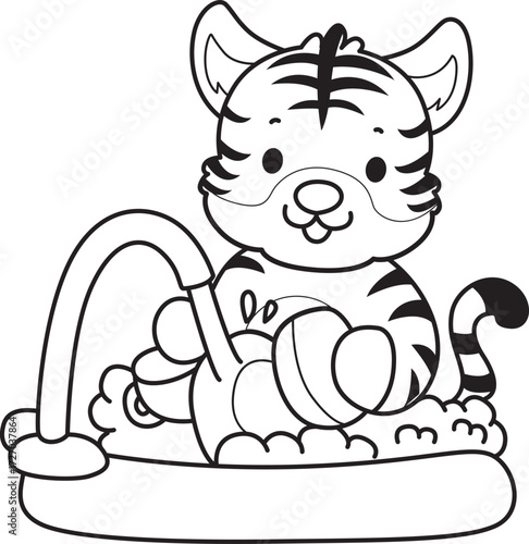 Coloring book of cute tiger character vector clip art for children.  