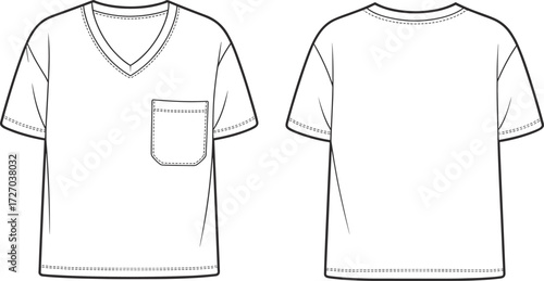 Short sleeve V neck T shirt fashion illustration, technical flat sketch, chest pocket design, apparel template front back, cad drawing flat vector
