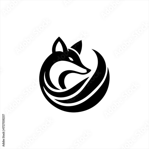 Stylized black fox logo with a swirling tail on a white background