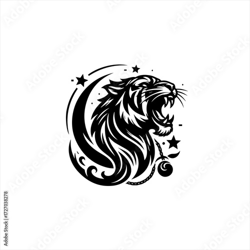 Fierce tiger head roaring with stars and crescent moon design