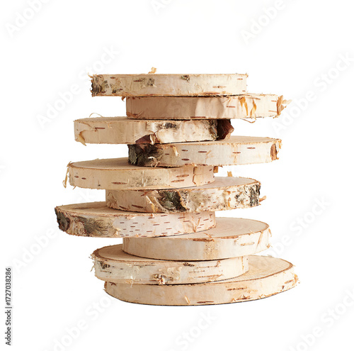 Wooden birch rings in a pile isolated
