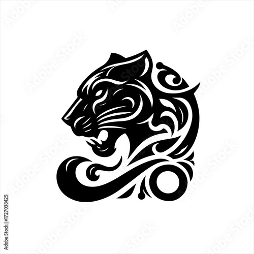 Tribal panther head with ornate swirls and rings