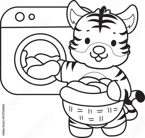 Coloring book of cute tiger character vector clip art for children.  