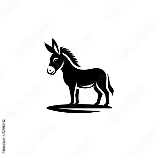 Stylized black silhouette of a donkey standing on a white background