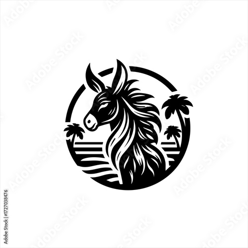 Stylized donkey head with palm trees and circular frame