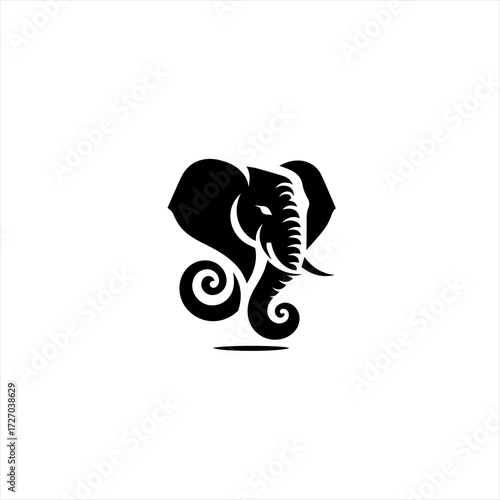 Stylized black elephant head logo design with swirling trunk