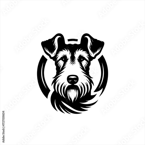 Black and white illustration of a wire fox terrier dog head in a circle