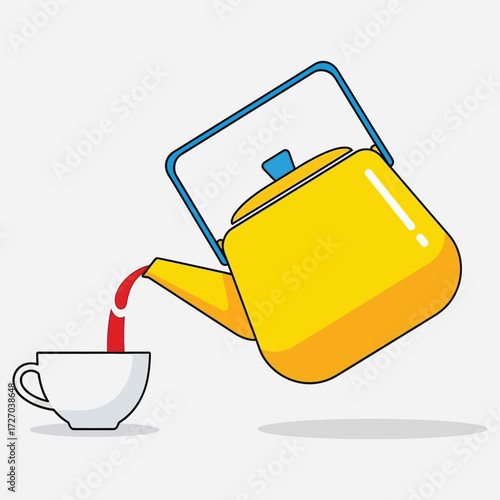 A bright yellow teapot pouring a dark liquid into a white teacup, illustrating a moment of refreshment and warmth, perfect for culinary or hospitality themes