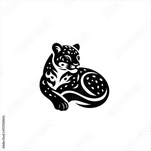 Stylized black leopard with tribal patterns and spots resting