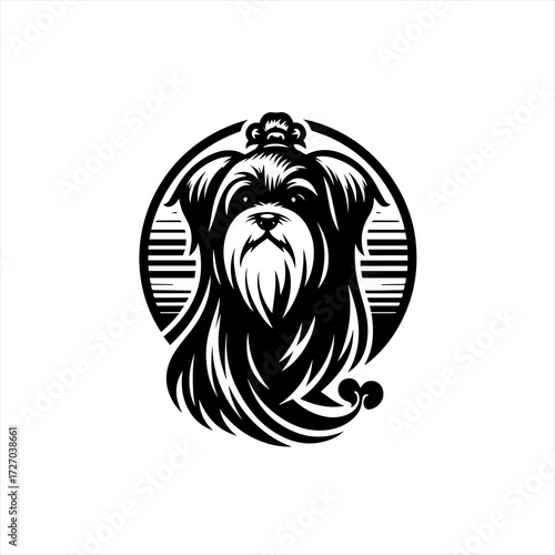 Stylized black and white illustration of a shih tzu dog head