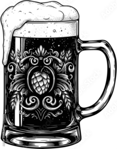 Black and white illustration of a frothy beer mug with detailed design. Vector illustration
