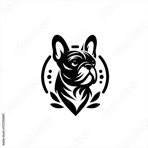 Stylized black french bulldog head logo with laurel wreath and dots