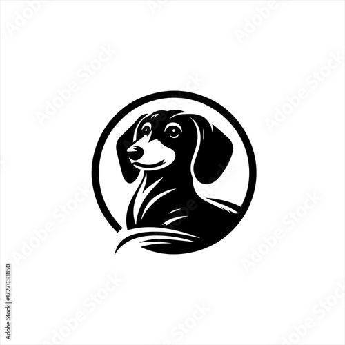Stylized black and white dachshund dog logo in a circle