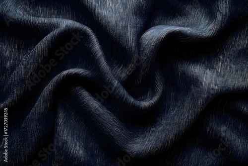 Close up of dark blue fabric with subtle vertical stripes and soft folds creating shadows and texture