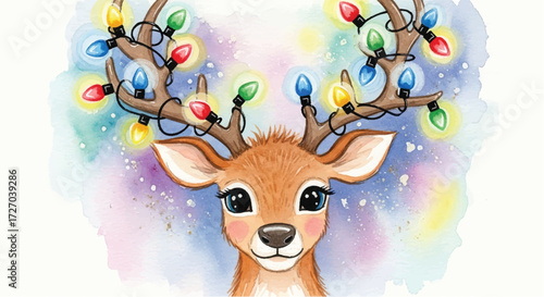 watercolor christmas reindeer with christmas lights around antlers, hand painted whimsical watercolor reindeer with glowing holiday lights, festive watercolor reindeer illustration with antlers 