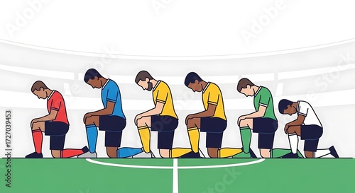 Soccer Players in Various Colors Taking a Knee