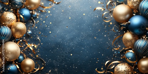 Holiday background with golden and blue metallic balloons, confetti and ribbons. Festive card for birthday party, anniversary, new year, christmas or other events. Created with, Generative AI