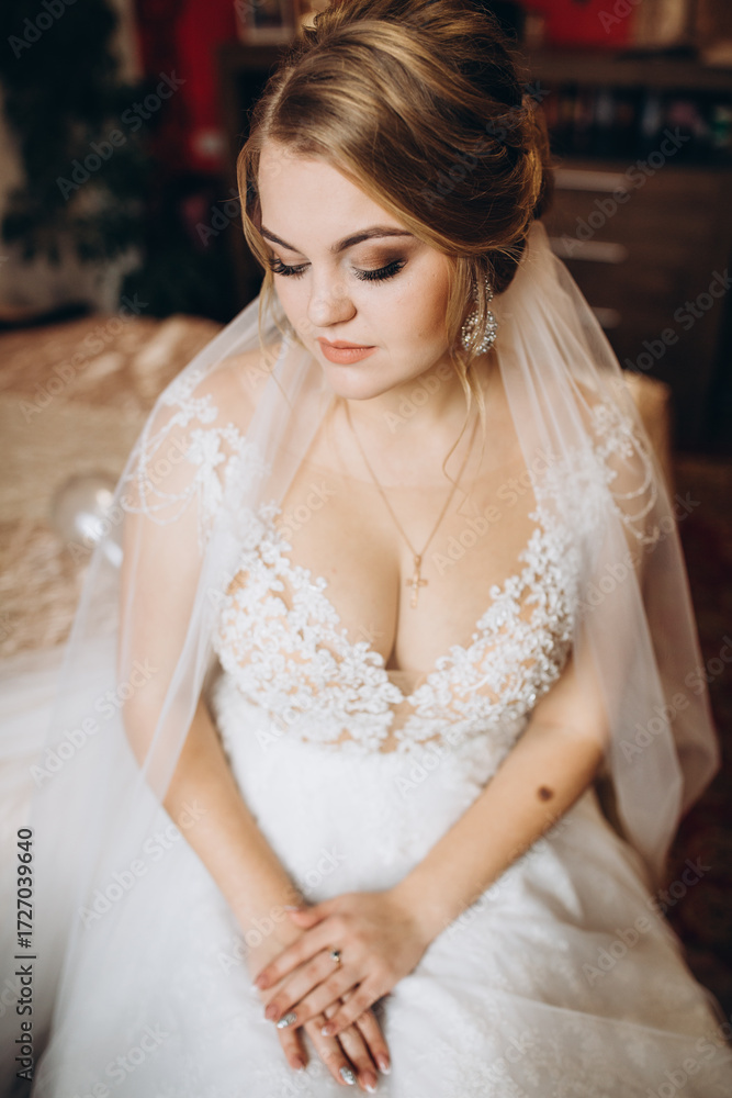 Fototapeta premium Bride in lace wedding dress with veil smiles. Her joyful expression radiates happiness and love on her wedding day.