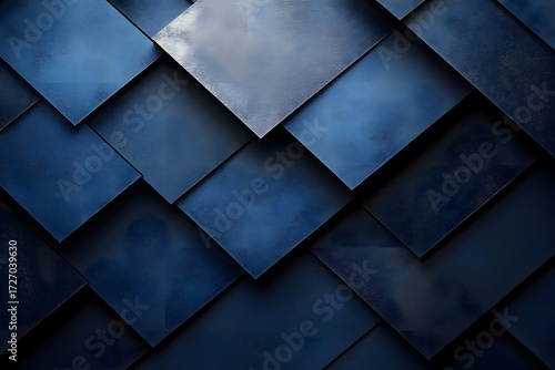 Close up of overlapping blue and grey square tiles creating a geometric pattern background design