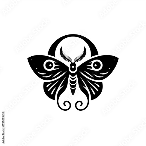 Stylized black moth silhouette with circular element