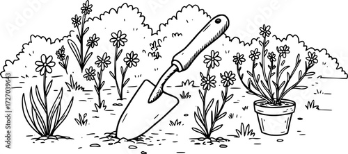 Garden vector hand drawn in garden, garden trowel silhouette in bold minimal
