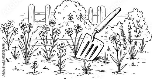 Garden vector hand drawn in garden, garden trowel silhouette in bold minimal
