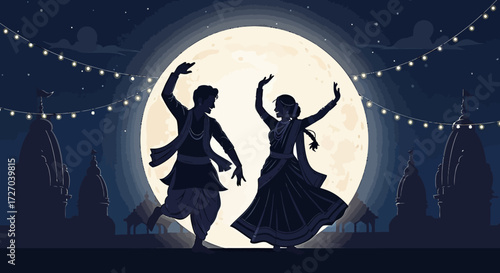 Celebrate the Joyful Traditions Dancing Couple Silhouette Against a Full Moon Celebrating Festive Events