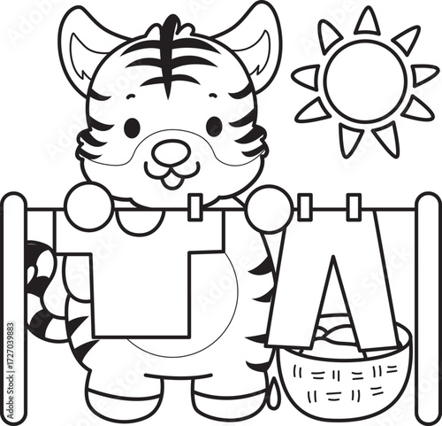 Coloring book of cute tiger character vector clip art for children.  