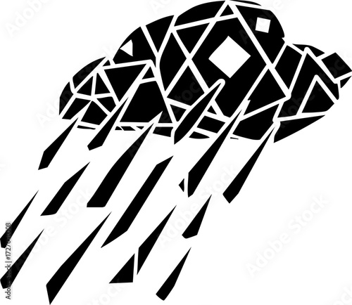 Dynamic black and white abstract cloud with rain, perfect for weather forecasts, environmental concepts, and creative designs needing a modern, stylish touch.
