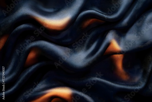 Close up shot of a dark blue fabric with orange highlights and rippled texture creating shadows