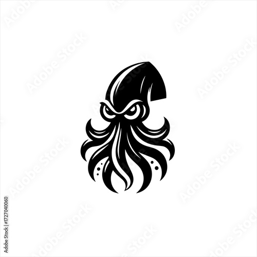 Stylized black silhouette of a fierce squid with tentacles