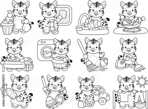 Coloring book of cute tiger character vector clip art for children.  