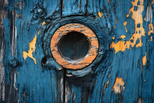 Close up of weathered blue painted wood with a circular hole and orange accents showing through paint