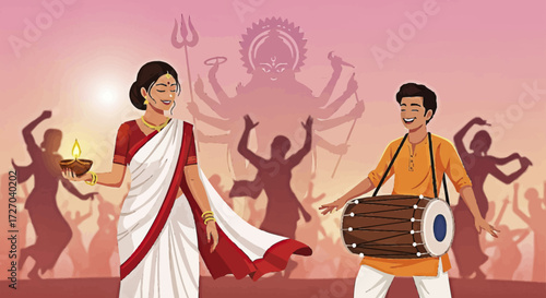 Vibrant celebration of the Durga Puja festival with a couple in traditional attire, music, and dance