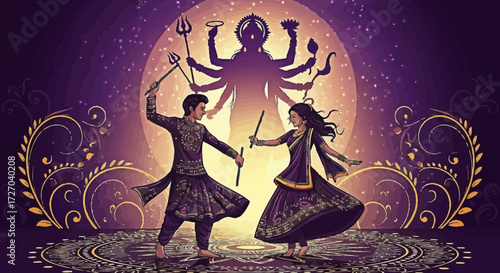 Energetic cultural celebration featuring traditional dancers performing with sticks under the luminous gaze of a divine goddess silhouette, surrounded by intricate festive patterns and a bright moon