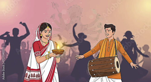 Vibrant illustration of a Bengali couple's cultural celebration during the Durga Puja festival with traditional dance and music