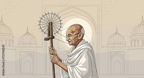 Illustration of Mahatma Gandhi with a spinning wheel against a backdrop of Indian architecture