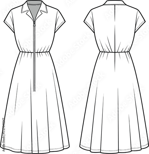 Collared short sleeve pleated dress fashion illustration, technical flat sketch, fitted bodice flared skirt design, apparel template front back, cad drawing flat vector