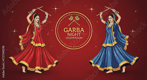 Vibrant Indian folk dance celebration featuring women in traditional attire performing Garba with dandiya sticks, perfect for festive cultural themes and events