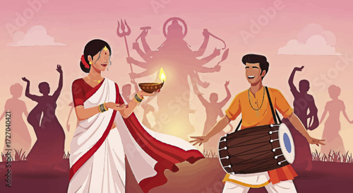 Vibrant cultural festival celebrating devotion and music with traditional lamp and drum players amidst festive silhouettes
