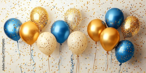 Holiday background with golden and blue metallic balloons, confetti and ribbons. Festive card for birthday party, anniversary, new year, christmas or other events. Created with, Generative AI