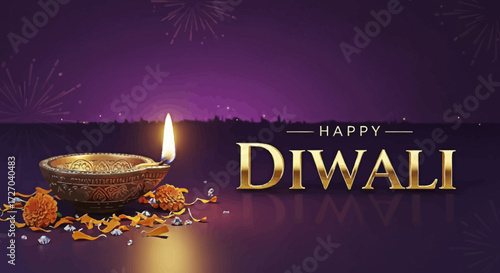 Festive Diwali celebration concept with a glowing traditional diya lamp, scattered flowers, and celebratory fireworks